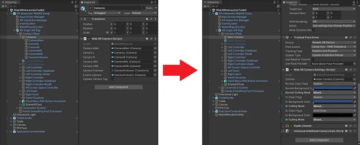 Scene Hierarchy before and after XR SDK implementation