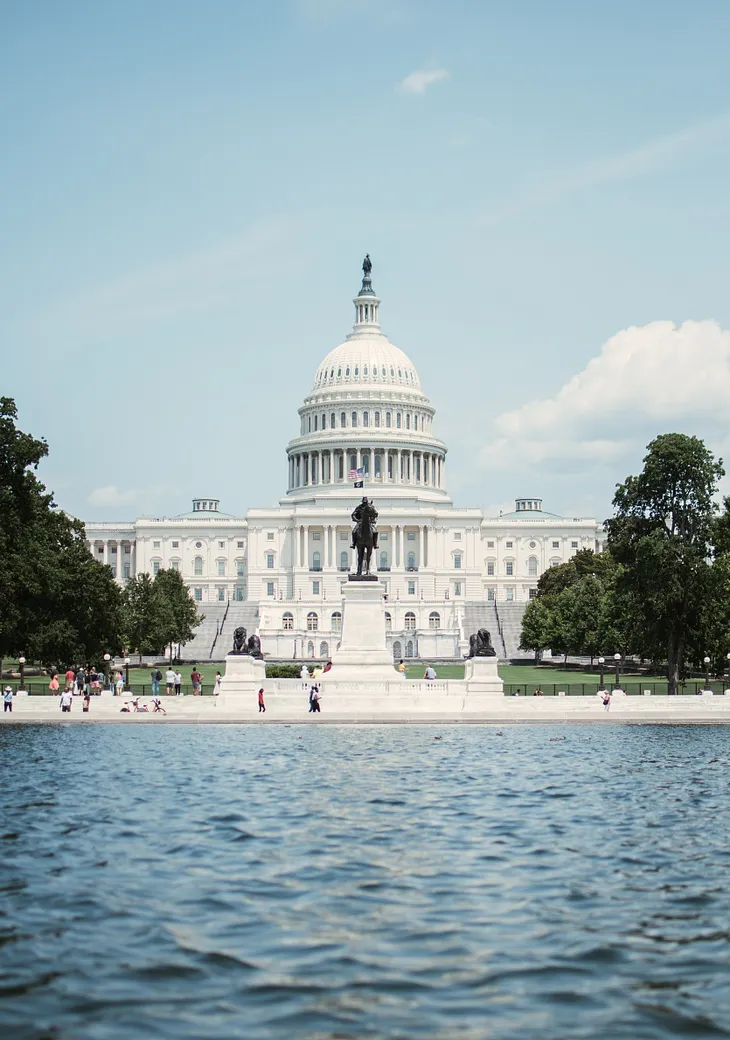 Photo of the U.S. Capitol with the reflecting pool in the foreground.