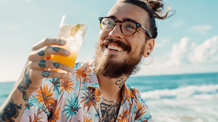 Discover my top 8 ETF picks to achieve financial freedom so you can sip cocktails on the beach every day. A young man with glasses and beard and tattoo holding a glass of cocktail on the beach. AI image created on MidJourney V6 by henrique centieiro and bee lee