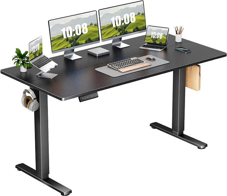 Sweetcrispy Electric Adjustable Height Standing Desk - 63 x 24 inch Sit to Stand Up Desk with Splice Board, Rising Home Office Computer Table with 2 Hook and Wire Hole for Work