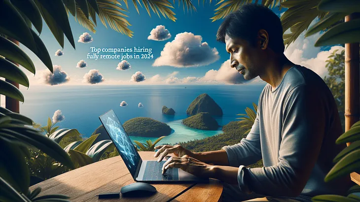 A person with their face obscured is using a laptop on a balcony overlooking a scenic tropical bay with islands. The sky is clear, and the text ‘Top companies hiring fully remote jobs in 2024’ appears above.