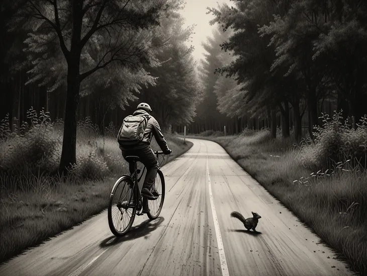 Someone riding his bicycle when a squirrel crosses the road