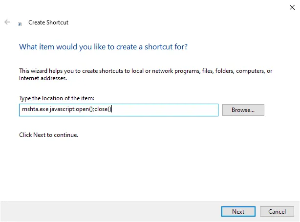 The Windows shortcut dialog, with the provided code written in the Location box.