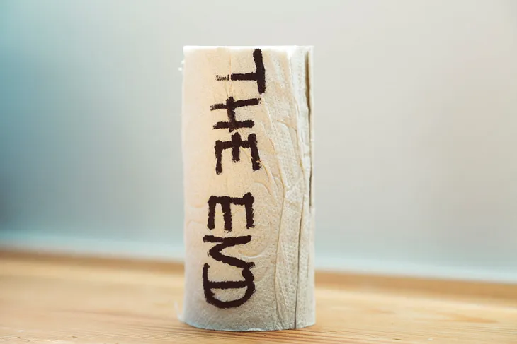 Empty toilet paper roll with “The End” written on it.