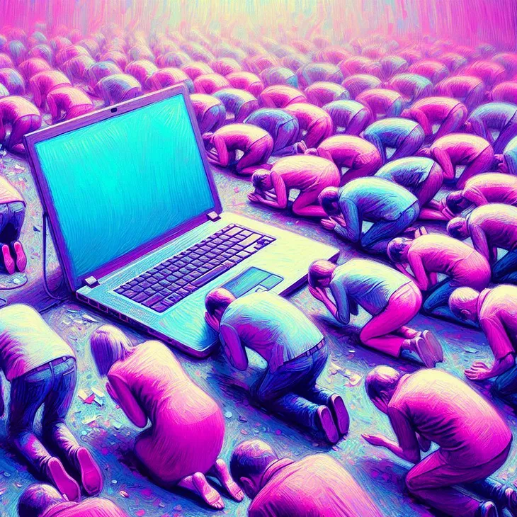 people bowing to worship computer