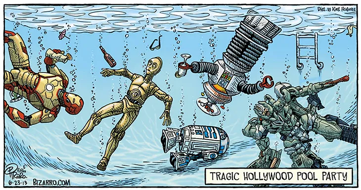 Comic illustration of a swimming pool as seen from beneath the surface. Famous Hollywood robots from Star Wars and other movies and TV shows hold party drinks as they are sinking in the water because they are made of metal. The caption reads: Tragic Hollywood Pool Party.