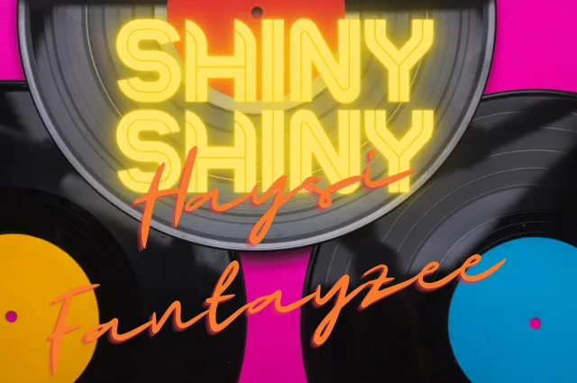 Retro poster with hypo-colours and vinyl records — titled ‘Shiny Shiny’ Haysi Fantayzee.