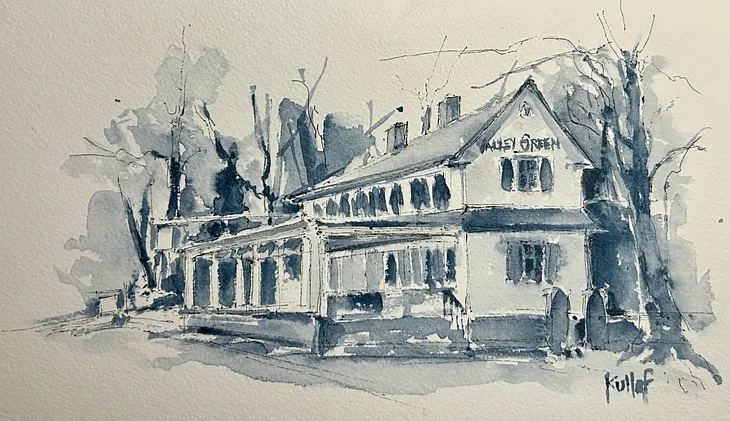 Watercolor sketch of a historic building created with Payne’s Grey