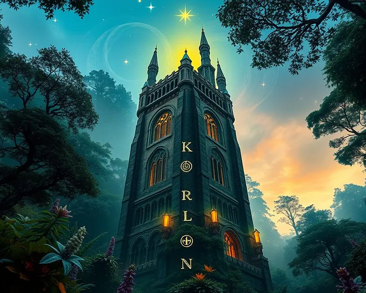 A mystical arcane tower rising amidst a lush, enchanted forest, with swirling magical energies and glowing runes etched into the stone, surrounded by vibrant flora and ethereal lights. The tower’s architecture reflects intricate designs inspired by fantasy themes, with soaring spires and arched windows. A faint aura of magic permeates the air, suggesting ancient secrets within. The scene captures a twilight ambiance, with stars beginning to twinkle through the canopy above, and the atmosphere is