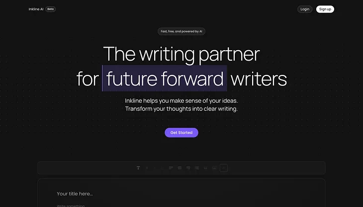 Inkline AI landing page — dark mode. Title: Inkline AI, the writing partner for future forward writers.