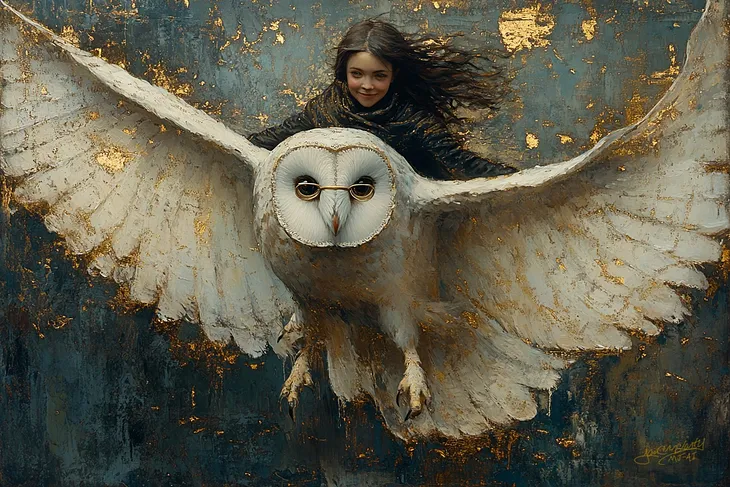 Gold encaustic painterly image of a dark-haired girl upon a large flying white owl wearing gold spectacles.