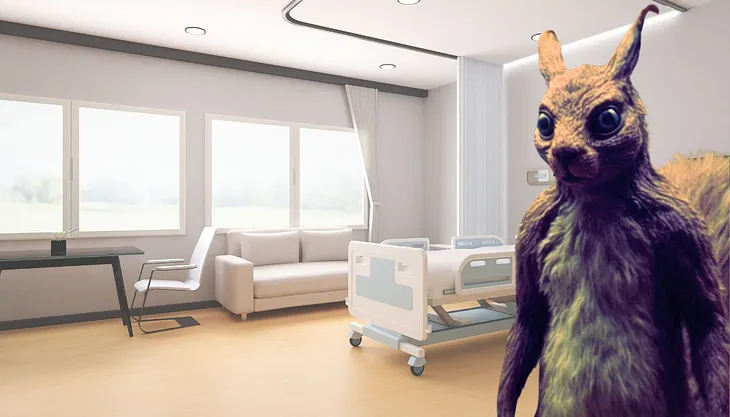 A human-sized squirrel in a hospital room.
