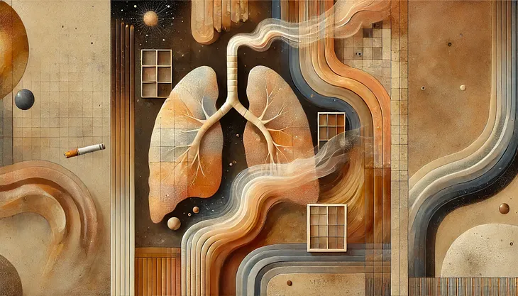 This abstract artwork features lungs at its center, blending anatomical precision with flowing, wave-like patterns symbolizing air and breath. Muted earthy tones of beige, brown, and orange dominate, with smoky, ethereal trails emanating from a cigarette on the left. Geometric grids and window-like shapes frame the composition, while curves and textures evoke a surreal interplay of life, memory, and decay.