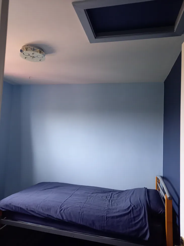 Photo of bedroom painted in dark and light blue with matching bed