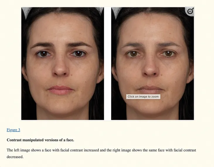 contrast manipulated versions of a face. The left image shows a face with facial contrast increased and the right image shows the same face with facial contrast decreased.