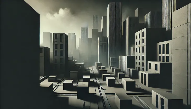 The author created this greyscale, minimalistic, abstract image of a dystopian city using ChatGPT.