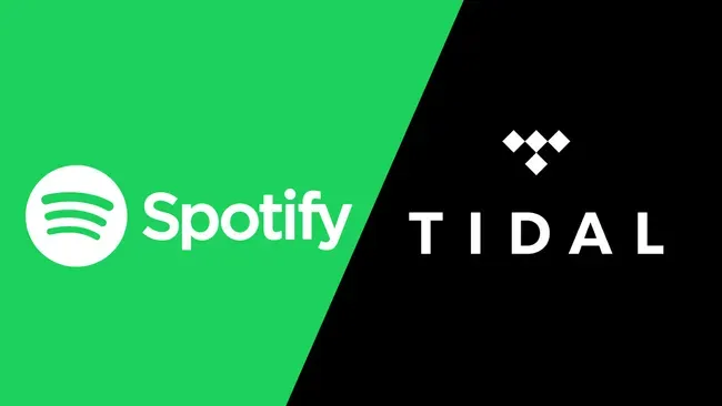 The logos and names of Spotify and Tidal side by side