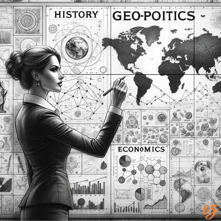 Female intelligence analyst in front of a board, linking sections labeled history, geopolitics, and economics with symbols and diagrams, showcasing analytical integration.