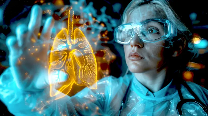 Image of woman looking at human lungs