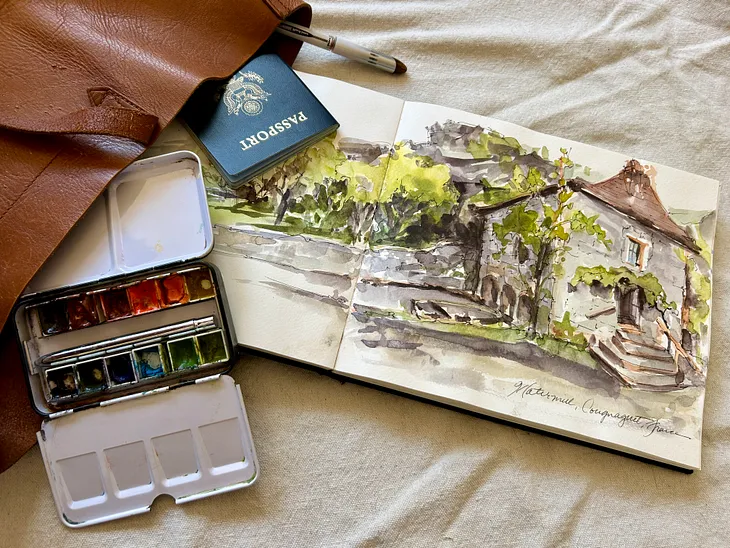 Watercolor sketch of a mill in rural France by Anne Kullaf ©2025