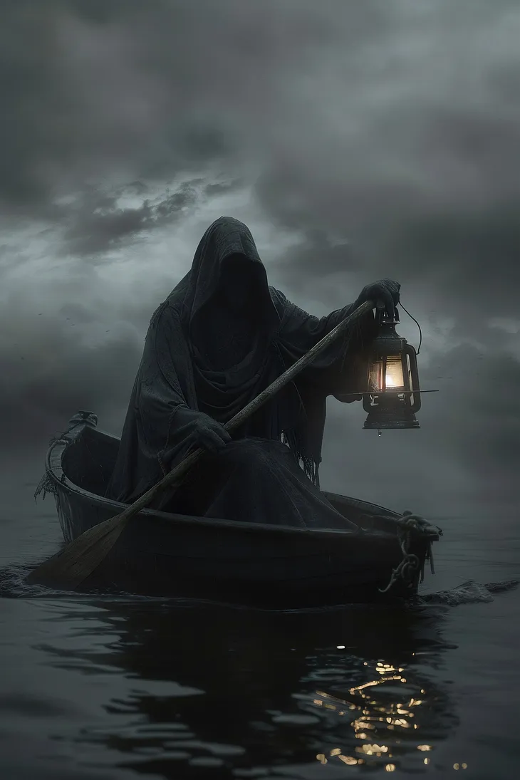 The Grim Reaper in a rowboat holding a lantern