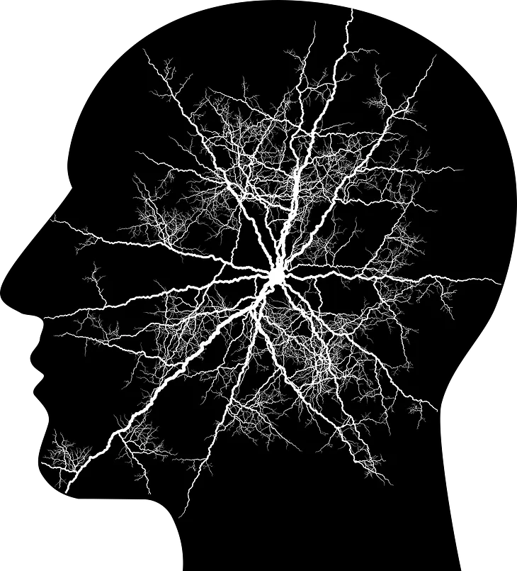 White neuron-like scribbled lines inside a dark mind.