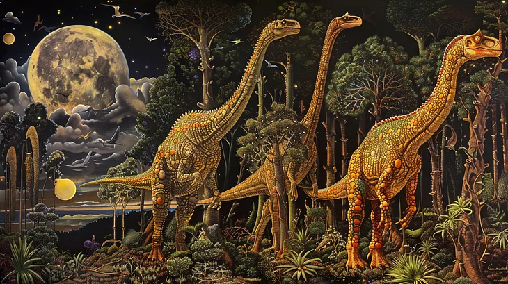 An illustration of three dinosaurs walking through the jungle with a full moon behind them.