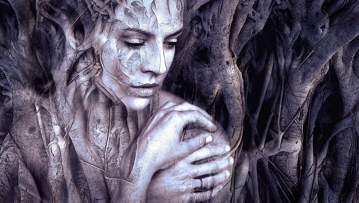 Fantasy artwork showing a woman entwined with roots