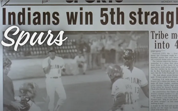 Newspaper headline from movie, Major League: Indians win 5th straight, Spurs is added beside Indians