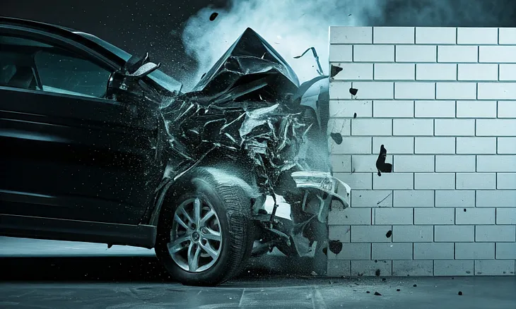 An automobile crashes into a brick wall. Image generated by Google Gemini.