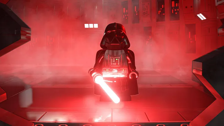 Darth Vader enters a hole in a wall in Lego Star Wars: The Skywalker Saga for the PC.