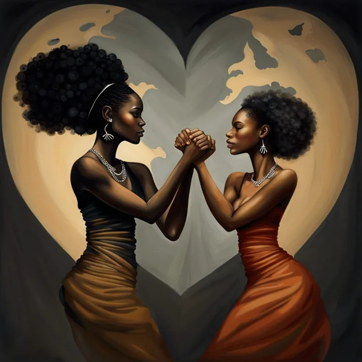 an artistic representation of codependency and freedom. Show fair-skinned Black women sisters looking at each other, breaking free from invisible chains that have held them back, symbolizing the liberation they both seek, in a pose reminiscent of Alvin Ailey
