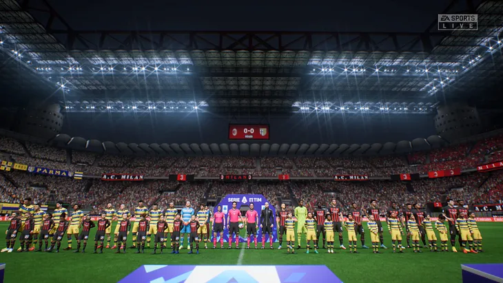 Parma and AC Milan stand on the field before a match at the San Siro.