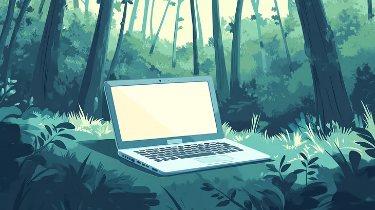 A laptop sat in serene woods.