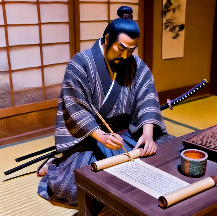 Miyamoto Musashi writing on a scroll.