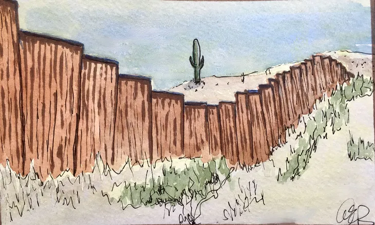 This is a watercolor sketch of a border wall running from horizon to horizon across a cactus- and tumbleweed-filled sandy desert.