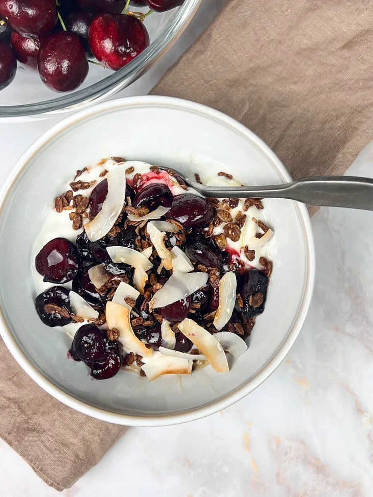 Warm Cherry Compote With Yogurt and Chocolate Granola