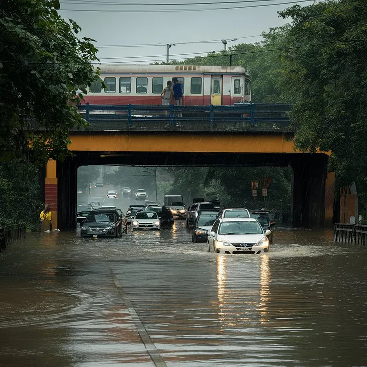 A scene of Heavy rainfall in an urban city