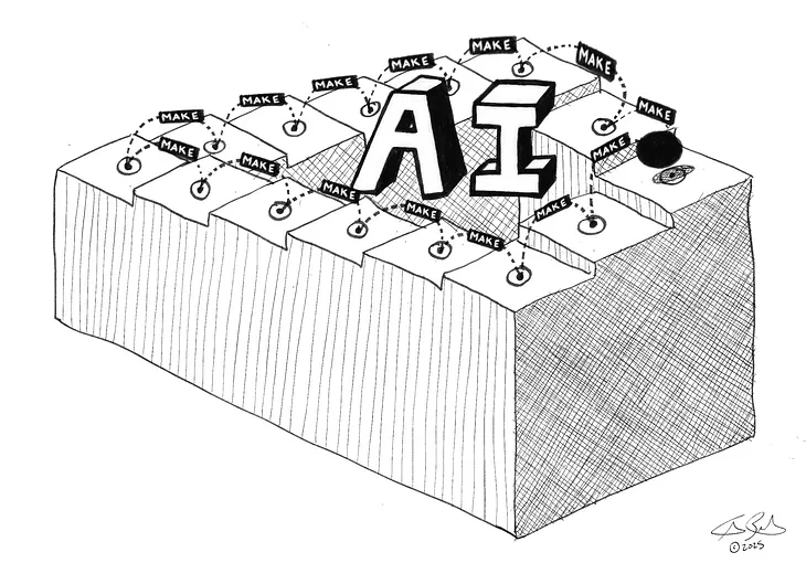 An illustration of a steps illusion. A drawing of infinite steps around a floating AI with a ball of make bounding around the impossible shape.