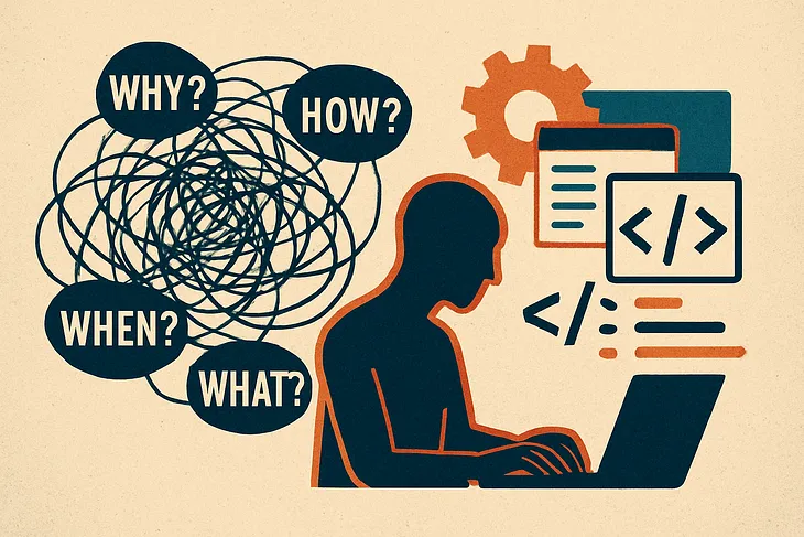 A flat-style digital illustration of a person standing between a chaotic, tangled mass of colored threads on the left and a clean, organized circuit board pattern on the right. The person appears to be guiding or transforming the threads into structured lines, symbolizing the translation of confusion or ambiguity into clear systems.