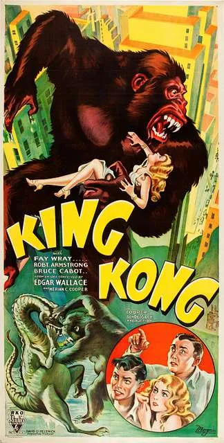 Movie poster for the 1933 King Kong movie, featuring Kong holding a leggy blonde and snarling at something we can’t see.