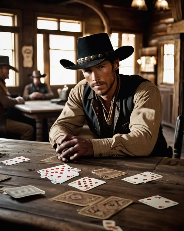 A cowboy at a table with playing cards on it in an old western saloon.