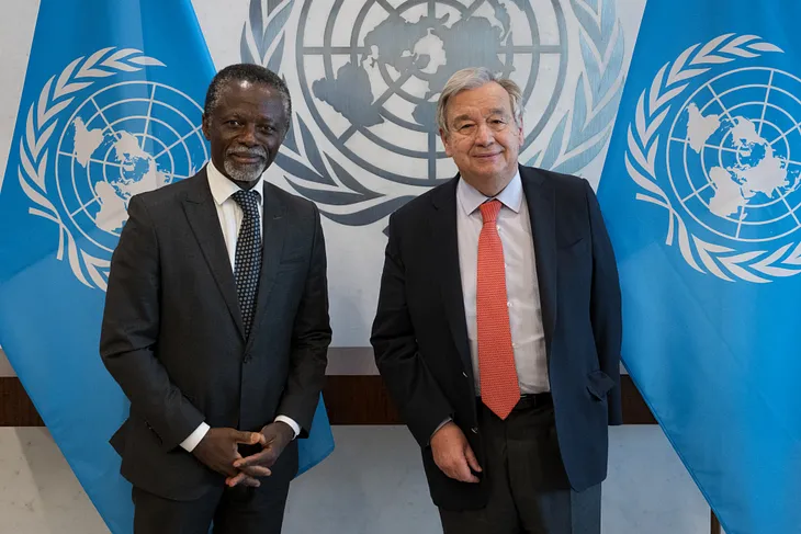 Secretary-General António Guterres (right) meets with Parfait Onanga-Anyanga, Special Representative to the African Union and Head of the United Nations Office to the African Union, 12 October 2022.