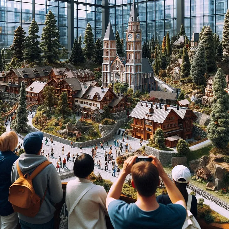 Tourists look at a miniature village, with buildings, trees and tiny people.