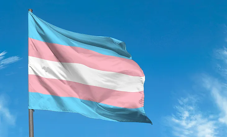 Trans flag flying on a flagpole against a bright blue sky.