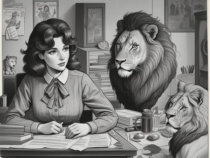 Young woman working at her desk with lions around that represent the fears she overcomes.