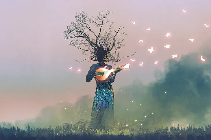 Bard playing string instrument with glowing butterflies hand drawn illustration