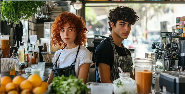 A young woman and young man are working at a health food store.