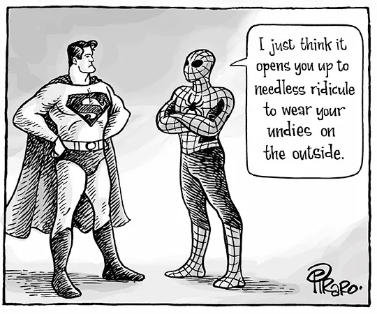 Comic of Spider-man speaking to Superman. He says, “I just think it opens you up to needless ridicule to wear your undies on the outside.”