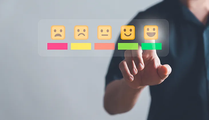 A graphic of someone selecting the highest rating in a scale of happy faces.